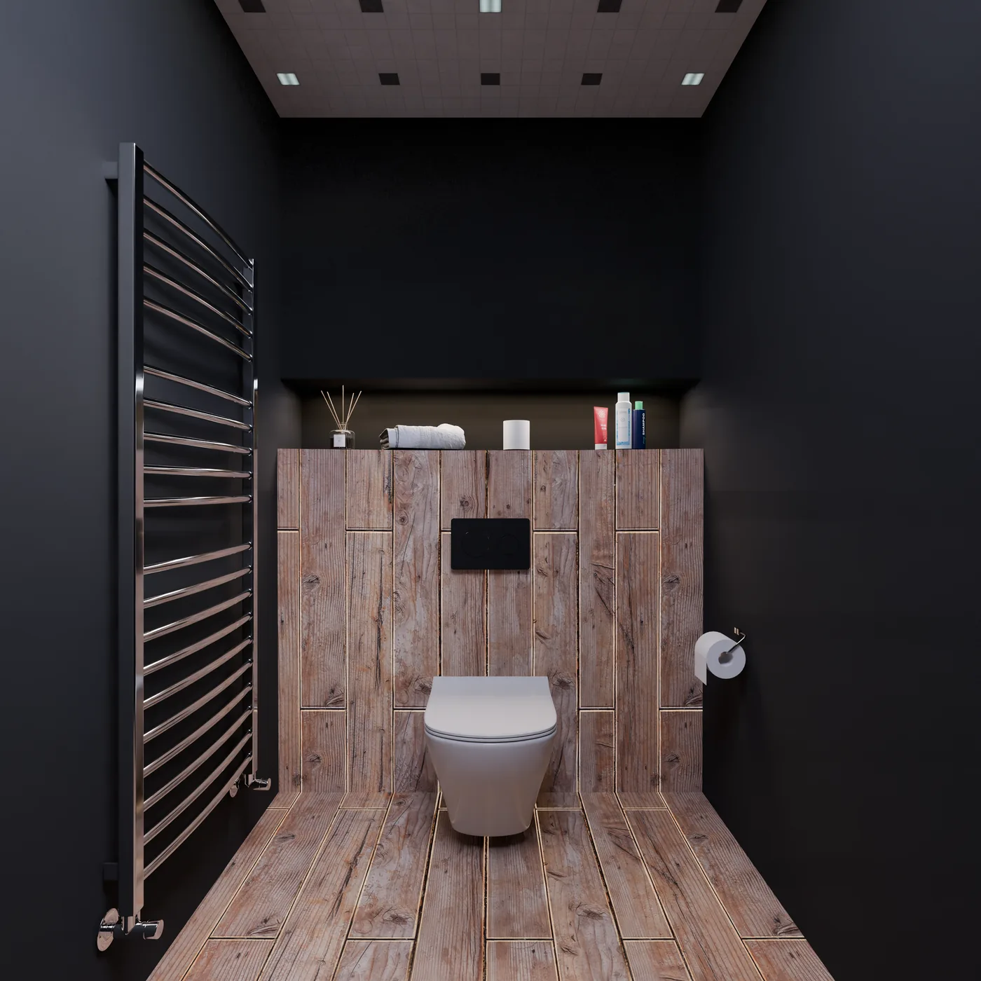 Schmales Gäste-WC mit dunklem Handtuchheizkörper
