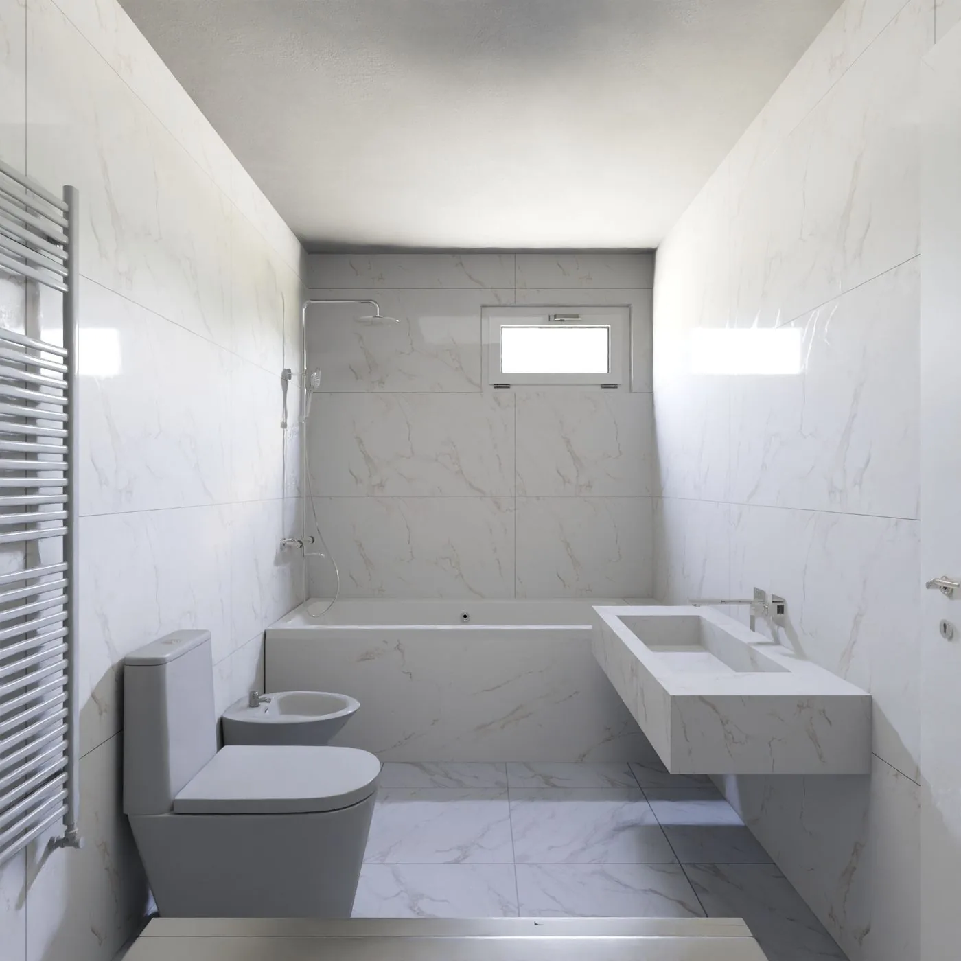 Kamar mandi putih minimalis dengan perlengkapan gantung