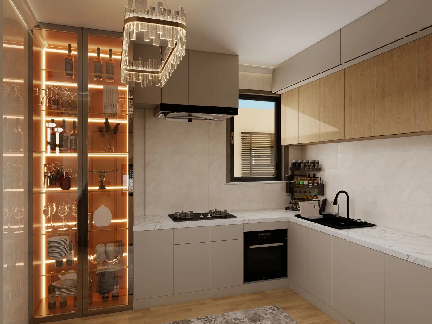 Dapur modern dengan bak cuci hitam dan kompor gas