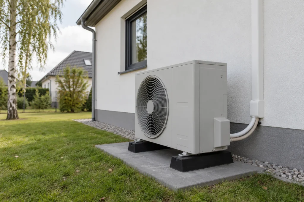 戸建て住宅の脇にあるエアコン室外機