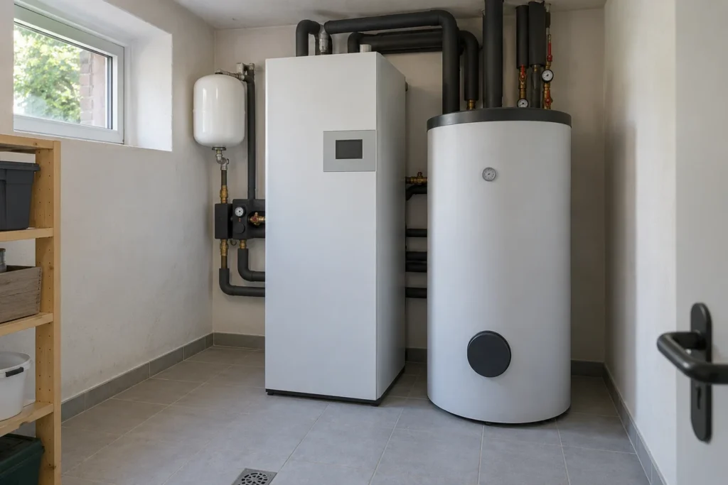 Aufgeräumter Technikraum mit Wärmepumpen-Inneneinheit und Warmwasserspeicher