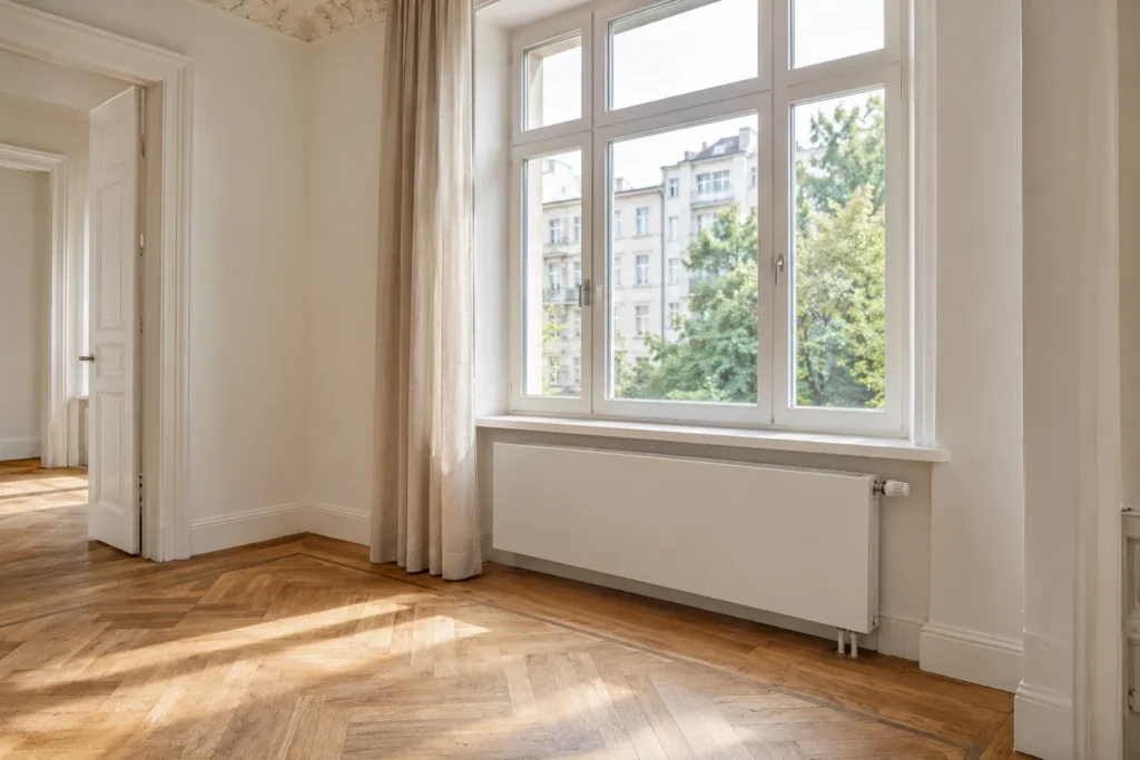 Neuer weißer Heizkörper unter einem Altbau-Fenster