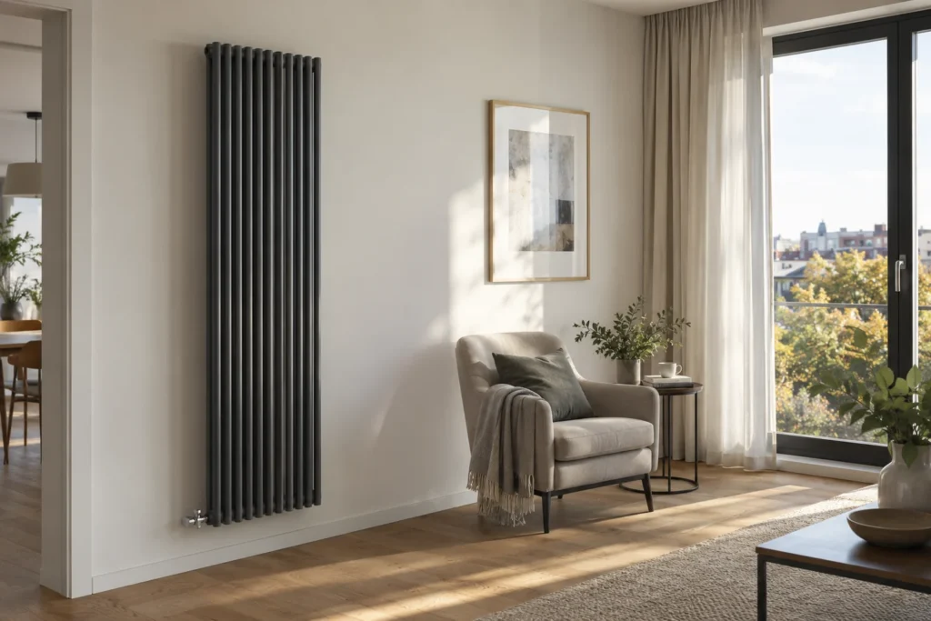Vertikaler Designheizkörper in einem hellen Wohnraum