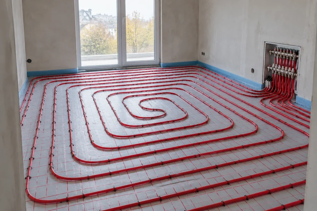 Verlegte Fußbodenheizungsrohre in einem Neubau-Raum