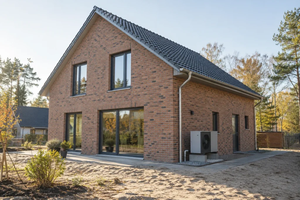 Neubau aus Backstein mit Wärmepumpe in einer typischen Wohnumgebung