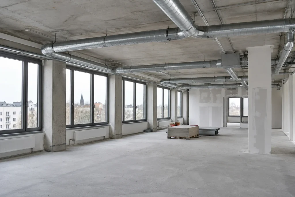 Bürofläche im Ausbau mit Lüftungskanälen unter der Decke