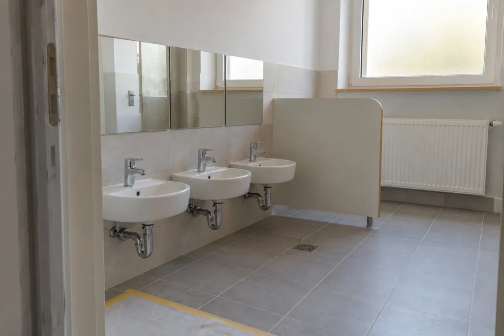 Modernisierter Kita-Waschraum mit niedrigen Waschbecken und gefliestem Boden