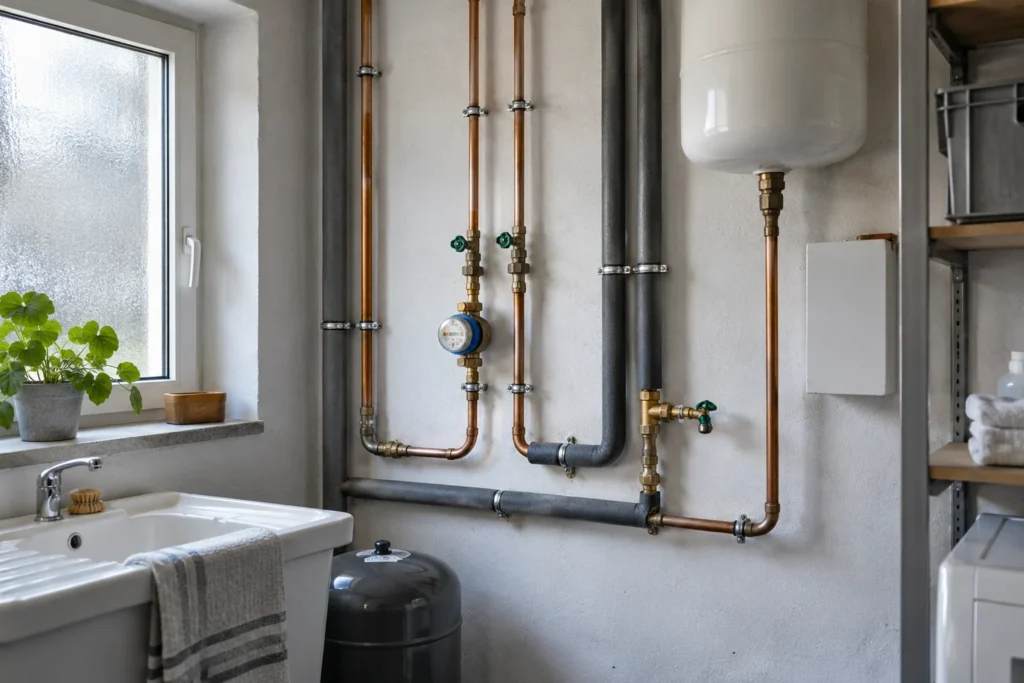 Sauber geführte Wasserleitungen in einem hellen Hauswirtschaftsraum