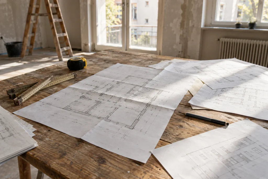 Grundrisse und Planungsunterlagen auf einem Arbeitstisch