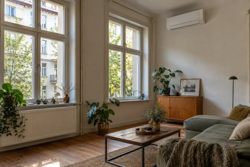 Renovierter Wohnraum mit Heizkörper und wandmontierter Klimaanlage